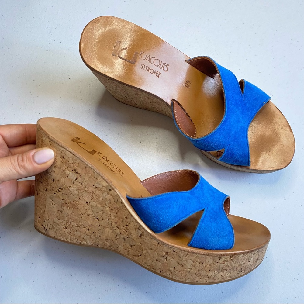 K.Jacques Size 40 Royal Blue Suede Leather Slip-on Cork Platform Wedge Sandal